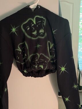 Black Hoodie with Neon Green Theatrical Print - Women’s Sweatshirt